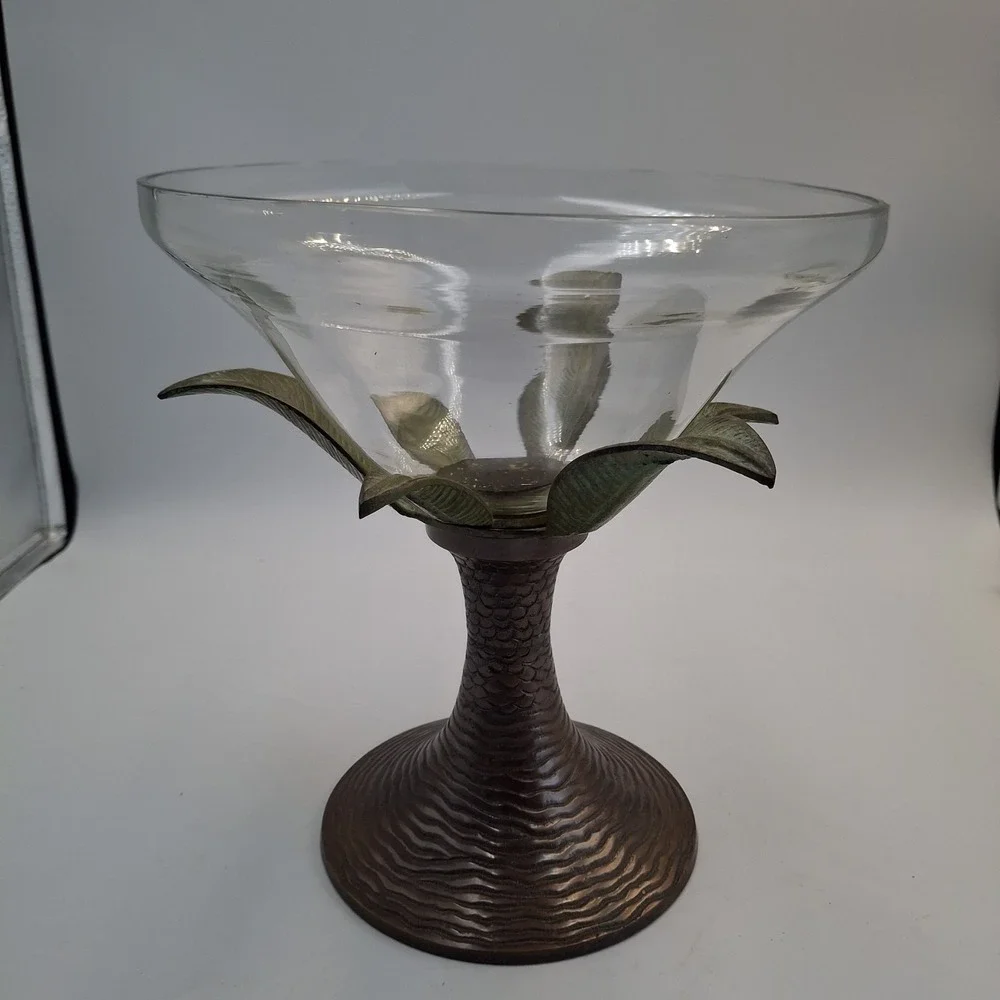 Vintage Brass Palm Tree Glass Compote Bowl Centerpiece Hollywood Regency 80s